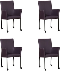 ShopX Leren eetkamerstoel comfort met wieltjes en armleuning, paars leer, paarse keukenstoelen