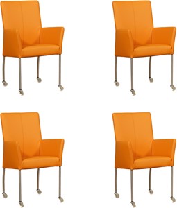 ShopX Leren eetkamerstoel comfort met wieltjes en armleuning, oranje leer, oranje keukenstoelen