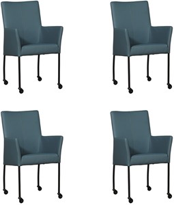 ShopX Leren eetkamerstoel comfort met wieltjes en armleuning, blauw leer, blauwe keukenstoelen