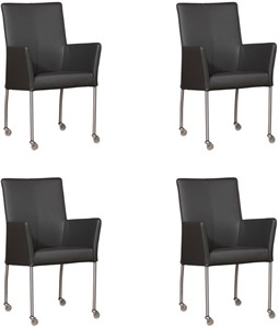 ShopX Leren eetkamerstoel comfort met wieltjes en armleuning, grijs leer, grijze keukenstoelen