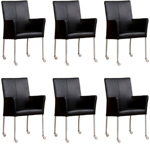ShopX Leren eetkamerstoel comfort met wieltjes en armleuning, zwart leer, zwarte keukenstoelen