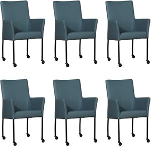 ShopX Leren eetkamerstoel comfort met wieltjes en armleuning, blauw leer, blauwe keukenstoelen
