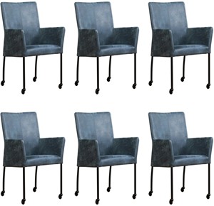 ShopX Leren eetkamerstoel comfort met wieltjes en armleuning, blauw leer, blauwe keukenstoelen