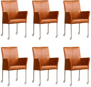 ShopX Leren eetkamerstoel comfort met wieltjes en armleuning, bruin leer, bruine keukenstoelen