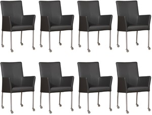 ShopX Leren eetkamerstoel comfort met wieltjes en armleuning, grijs leer, grijze keukenstoelen