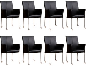 ShopX Leren eetkamerstoel comfort met wieltjes en armleuning, zwart leer, zwarte keukenstoelen