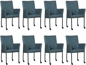 ShopX Leren eetkamerstoel comfort met wieltjes en armleuning, blauw leer, blauwe keukenstoelen