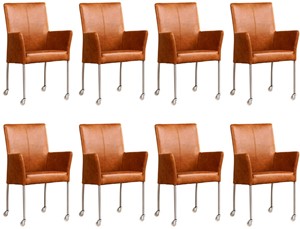 ShopX Leren eetkamerstoel comfort met wieltjes en armleuning, bruin leer, bruine keukenstoelen