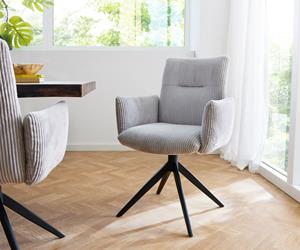 DELIFE Drehstuhl Jova-Flex mit Armlehnen Cord Silbergrau Kreuzgestell breit Schwarz 360° drehbar Taschenfederkern