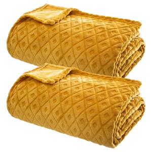 Atmosphera Plaid/bank deken Monnet - 2x - okergeel - 180 x 230 cm - polyester fleece - ruitmotief -