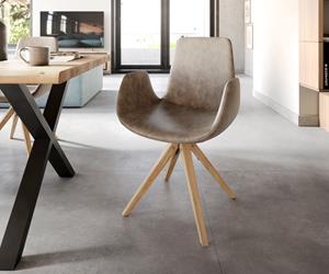 DELIFE Drehstuhl Ilia-Flex mit Armlehnen Taupe Vintage Holzgestell kantig 180° drehbar