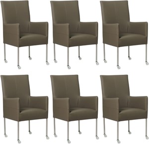 SHOPX HUISCOLLECTIE Set van 6 Grijze leren moderne eetkamerstoelen Spark - poot rond rvs met wiel - Toledo Leer Smog (grijs leer)