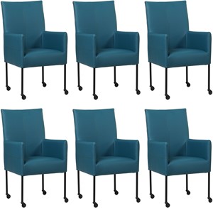 SHOPX HUISCOLLECTIE Set van 6 Blauwe leren moderne eetkamerstoelen Spark - poot rond zwart met wiel - Toledo Leer Turquoise (blauw leer)