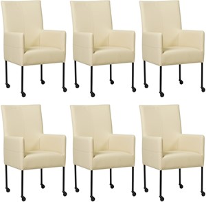 SHOPX HUISCOLLECTIE Set van 6 Crème leren moderne eetkamerstoelen Spark - poot rond zwart met wiel - Toledo Leer Polar (crème leer)