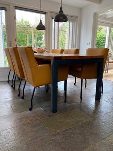 SHOPX HUISCOLLECTIE Set van 6 leren eetkamerstoelen - met armleuning en wieltjes - geel leer - Echt leer, Modern, ontdek de vele Leersoorten en Kleuren bij ShopX