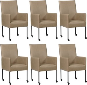 SHOPX HUISCOLLECTIE Set van 6 Taupe leren moderne eetkamerstoelen Spark - poot rond zwart met wiel - Granada leer Taupe (taupe leer)