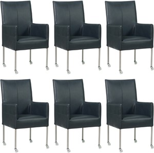 SHOPX HUISCOLLECTIE Set van 6 Feloranje leren moderne eetkamerstoelen Spark - poot rond rvs met wiel - Granada leer Blue (feloranje leer)