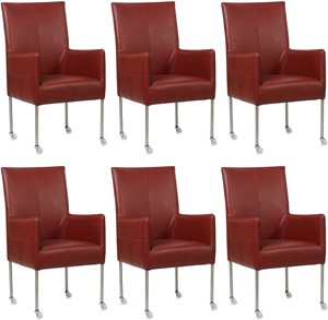 SHOPX HUISCOLLECTIE Set van 6 Rode leren moderne eetkamerstoelen Spark - poot rond rvs met wiel - Granada leer Rouge (rood leer)