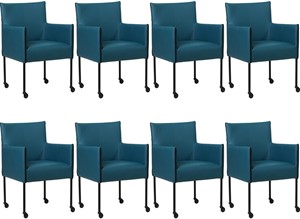 SHOPX HUISCOLLECTIE Set van 8 Blauwe leren moderne kuipstoel More - poot rond zwart met wiel - Toledo Leer Turquoise (blauw leer)