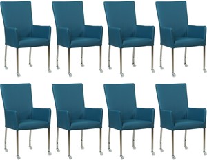 SHOPX HUISCOLLECTIE Set van 8 Blauwe leren moderne eetkamerstoelen Deal - met armleuning poot vierkant rvs met wiel - Toledo Leer Turquoise (blauw leer)