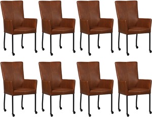 SHOPX HUISCOLLECTIE Set van 8 Cognac leren moderne eetkamerstoelen Deal - met armleuning poot vierkant zwart met wiel - Granada leer Savannah (cognac leer)