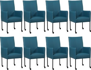 SHOPX HUISCOLLECTIE Set van 8 Blauwe leren moderne eetkamerstoelen Spark - poot rond zwart met wiel - Toledo Leer Turquoise (blauw leer)