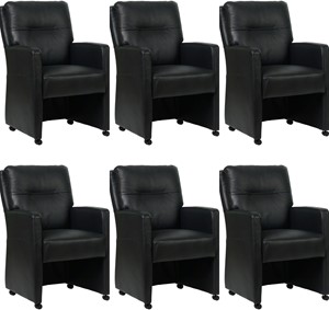 SHOPX HUISCOLLECTIE Set van 6 Zwarte leren landelijke eetkamerfauteuils Sharp - Granada leer Black (zwart leer)