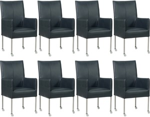 SHOPX HUISCOLLECTIE Set van 8 Feloranje leren moderne eetkamerstoelen Spark - poot rond rvs met wiel - Granada leer Blue (feloranje leer)