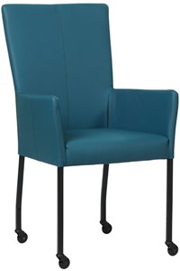 SHOPX HUISCOLLECTIE Blauwe leren moderne eetkamerstoel Deal - met armleuning poot vierkant zwart met wiel - Hermes Leer Turquoise (blauw leer)
