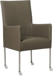 SHOPX HUISCOLLECTIE Grijze leren moderne eetkamerstoel Spark - poot rond rvs met wiel - Toledo Leer Smog (grijs leer)