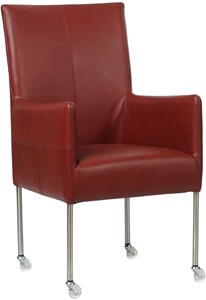 SHOPX HUISCOLLECTIE Rode leren moderne eetkamerstoel Spark - poot rond rvs met wiel - Granada leer Rouge (rood leer)