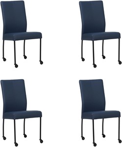 SHOPX HUISCOLLECTIE Set van 4 Blauwe leren moderne eetkamerstoelen Comfort - poot rond zwart met wiel - Hermes Leer Kobalt (blauw leer)