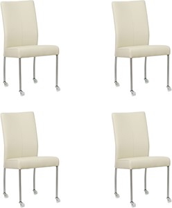 SHOPX HUISCOLLECTIE Set van 4 Crème leren moderne eetkamerstoelen Comfort - poot rond rvs met wiel - Toledo Leer Avorio (crème leer)