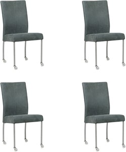 SHOPX HUISCOLLECTIE Set van 4 Blauwe leren moderne eetkamerstoelen Comfort - poot rond rvs met wiel - Kenia Leer Denim (blauw leer)