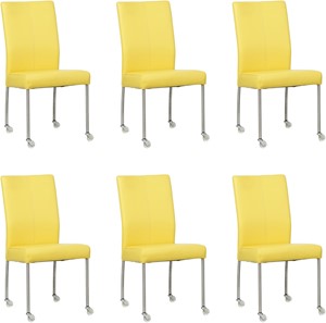SHOPX HUISCOLLECTIE Set van 6 Felgele leren moderne eetkamerstoelen Comfort - poot rond rvs met wiel - Hermes Leer Yellow (felgeel leer)