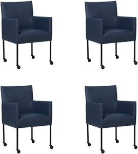SHOPX HUISCOLLECTIE Set van 4 Blauwe leren moderne kuipstoel Desire - poot rond zwart met wiel - Hermes Leer Kobalt (blauw leer)