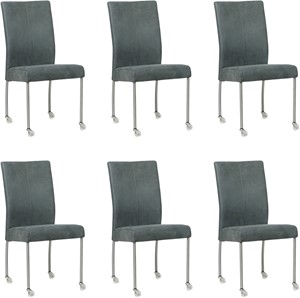 SHOPX HUISCOLLECTIE Set van 6 Blauwe leren moderne eetkamerstoelen Comfort - poot rond rvs met wiel - Kenia Leer Denim (blauw leer)