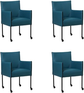 SHOPX HUISCOLLECTIE Set van 4 Blauwe leren moderne kuipstoel More - poot rond zwart met wiel - Toledo Leer Turquoise (blauw leer)