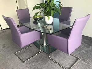 SHOPX HUISCOLLECTIE Set van 4 leren eetkamerstoelen met sledepoot - paars leer - Echt leer, Industrieel, ontdek de vele Leersoorten en Kleuren bij ShopX