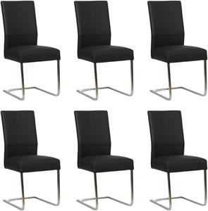 SHOPX HUISCOLLECTIE Set van 6 Zwarte leren industriële eetkamerstoelen Remix - poot vierkant rvs - Toledo Leer Nero (zwart leer)
