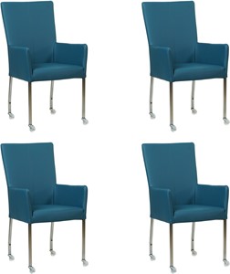 SHOPX HUISCOLLECTIE Set van 4 Blauwe leren moderne eetkamerstoelen Deal - met armleuning poot vierkant rvs met wiel - Toledo Leer Turquoise (blauw leer)