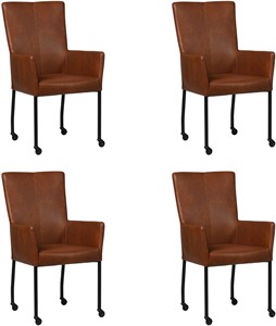 SHOPX HUISCOLLECTIE Set van 4 Cognac leren moderne eetkamerstoelen Deal - met armleuning poot vierkant zwart met wiel - Granada leer Savannah (cognac leer)