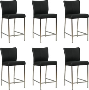 SHOPX HUISCOLLECTIE Set van 6 Zwarte leren moderne barkrukken Revolt - poot vierkant rvs - Toledo Leer Nero (zwart leer)