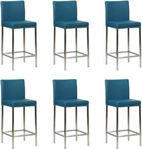 SHOPX HUISCOLLECTIE Set van 6 Blauwe leren moderne barkrukken Break - poot vierkant rvs - Toledo Leer Turquoise (blauw leer)
