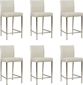 SHOPX HUISCOLLECTIE Set van 6 Crème leren moderne barkrukken Bright - poot vierkant rvs - Toledo leer Misty (crème leer)