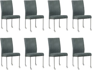 SHOPX HUISCOLLECTIE Set van 8 Blauwe leren moderne eetkamerstoelen Comfort - poot rond rvs met wiel - Kenia Leer Denim (blauw leer)