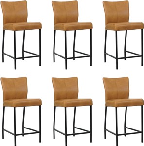 SHOPX HUISCOLLECTIE Set van 6 Cognac leren moderne barkrukken Revolt - poot vierkant zwart - Granada leer Sahara (cognac leer)