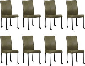 SHOPX HUISCOLLECTIE Set van 8 Olijfgroene leren moderne eetkamerstoelen Comfort - poot rond zwart met wiel - Granada leer Moss (olijfgroen leer)