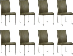 SHOPX HUISCOLLECTIE Set van 8 Feloranje leren moderne eetkamerstoelen Comfort - poot rond rvs met wiel - Granada leer Moss (feloranje leer)
