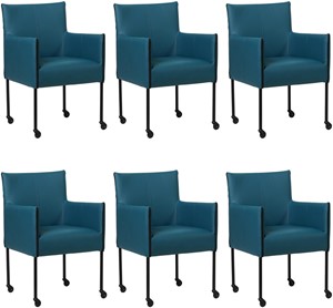 SHOPX HUISCOLLECTIE Set van 6 Blauwe leren moderne kuipstoel More - poot rond zwart met wiel - Toledo Leer Turquoise (blauw leer)